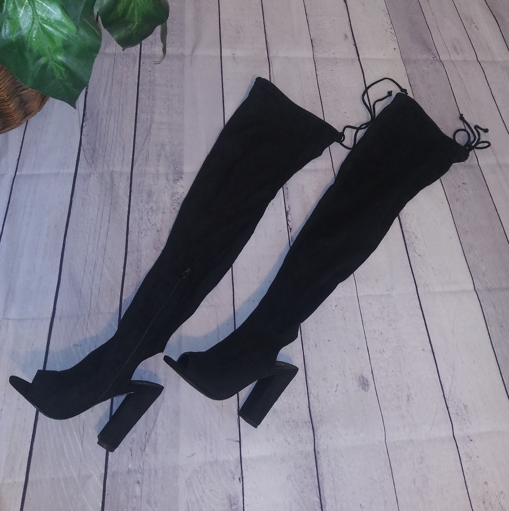 Black Over-the-Knee Block Heel Boots